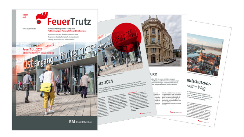 Cover der Ausgabe 3.2024 des FeuerTrutz Magazins mit drei Musterseiten