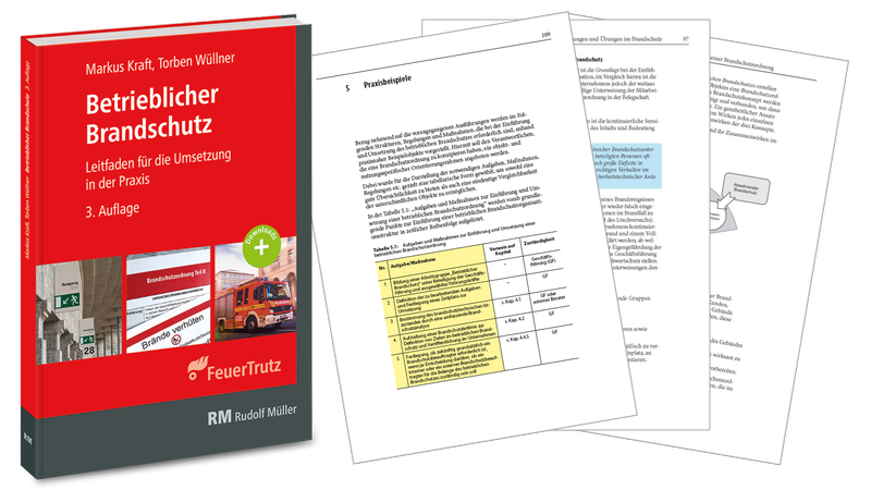 Dieses Bild zeigt das Cover und Innenseiten des Fachbuchs "Betrieblicher Brandschutz" in der dritten Auflage zusammen mit einigen Praxisbeispielen und Textauszügen auf Musterseiten.