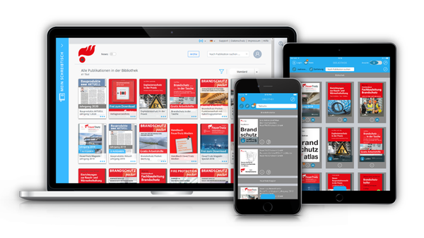 FeuerTrutz Medien App auf einem Laptop, Tablet und Smartphone
