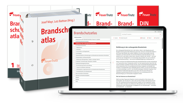 Der Brandschutzatlas in gedruckter Form und als digitale Version auf einem Laptop.