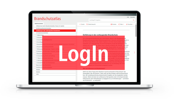 Ein Laptop mit geöffneter Webseite des Brandschutzatlas, auf dem Bildschirm ist ein rotes Login-Feld zu sehen.